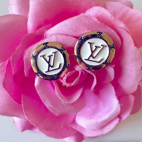Louis Vuitton Gold White Button Metal Charm Stud Earrings - Picture 1 of 9